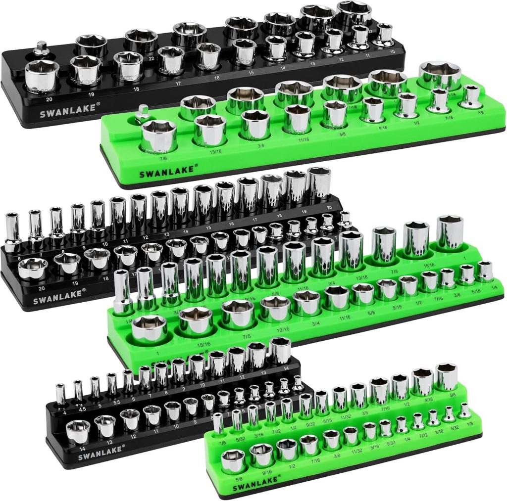Magnetic Socket Organizer Set, 6-piece 1/4″, 3/8″, 1/2″ SAE & Metric Socket Holder, Drive Socket Trays, Storage Tool Box, Holding 143 Slots, Soft Rubber Covering Black Green Tools Magnetic Socket Organizer Set, 6-piece 1/4″, 3/8″, 1/2″ SAE & Metric Socket Holder, Drive Socket Trays, Storage Tool Box, Holding 143 Slots, Soft Rubber Covering Black Green Tools