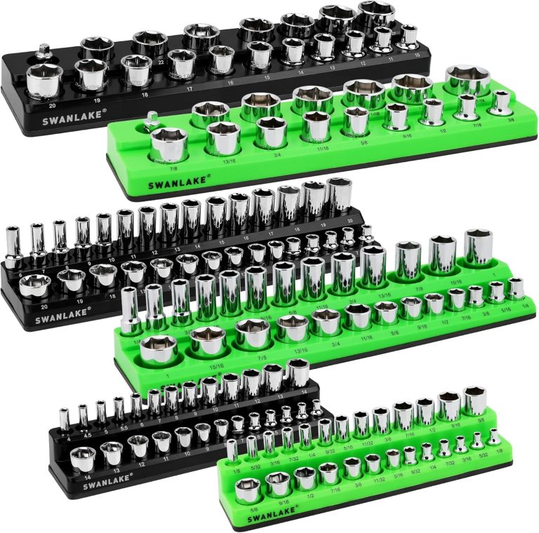 Magnetic Socket Organizer Set, 6-piece 1/4″, 3/8″, 1/2″ SAE & Metric Socket Holder, Drive Socket Trays, Storage Tool Box, Holding 143 Slots, Soft Rubber Covering Black Green Tools