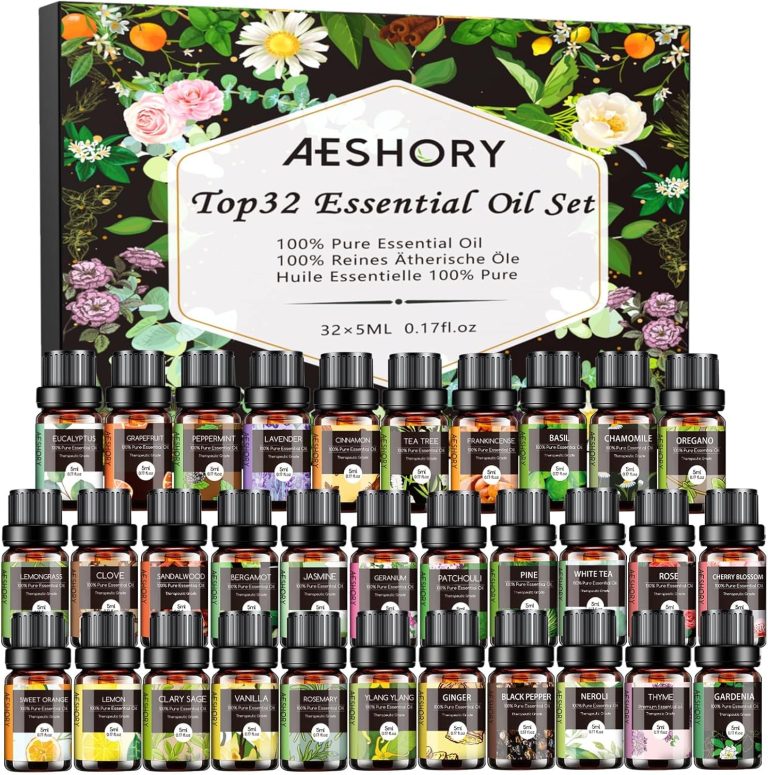 Essential Oils Set – 32x5ml Pure Aromatherapy Essential Oils Kit for Diffuser, Humidifier, Aromatherapy, Massage, Skin & Hair Care – Lavender, Tea Tree, Eucalyptus, Sandalwood, Peppermint, Rosemary