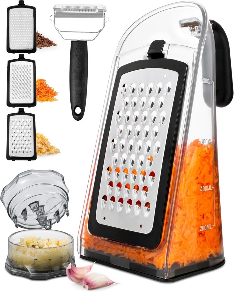 Cheese Grater with Garlic Crusher – Box Grater Cheese Shredder – Cheese Grater with Handle – Graters for Kitchen Stainless Steel Food Grater – Garlic Mincer Tool and Vegetable Peeler