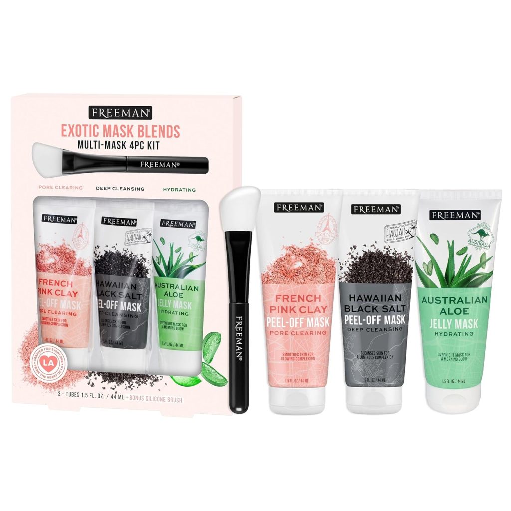Freeman Exotic Blends Facial Mask 4 Piece Set, Mini Size, Travel Friendly Face Masks, Clearing & Hydrating, For All Skin Types, Mask Brush, Stocking Stuffer, Vegan & Cruelty-Free, 1.5 fl. oz Each Freeman Exotic Blends Facial Mask 4 Piece Set, Mini Size, Travel Friendly Face Masks, Clearing & Hydrating, For All Skin Types, Mask Brush, Stocking Stuffer, Vegan & Cruelty-Free, 1.5 fl. oz Each