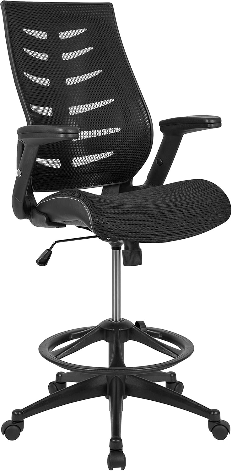 Flash Furniture Kale High-Back Ergonomic Mesh Office Chair with Flip-Up Arms and Adjustable Foot Ring, Spine-Back Tall Executive Swivel Chair, Black Flash Furniture Kale High-Back Ergonomic Mesh Office Chair with Flip-Up Arms and Adjustable Foot Ring, Spine-Back Tall Executive Swivel Chair, Black