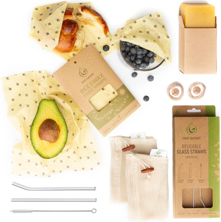 Zero Waste Kit – 4 Reusable Beeswax Wraps for Food, 2 Reusable Mesh Produce Bags, 4 Reusable Drinking Clear Glass Straws with Brush, Beeswax Bar and Wrapping String – Eco Friendly Gifts Box