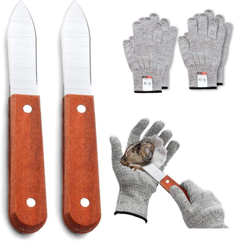2P 6.8’’ Stainless Steel Oyster Shucking Knives with Wood Non-Slip Handle and 4 Pieces of Level 5 Cut-Resistant Gloves (L), Oyster Knife Suitable For All Kinds of Shells and Oysters Shucking