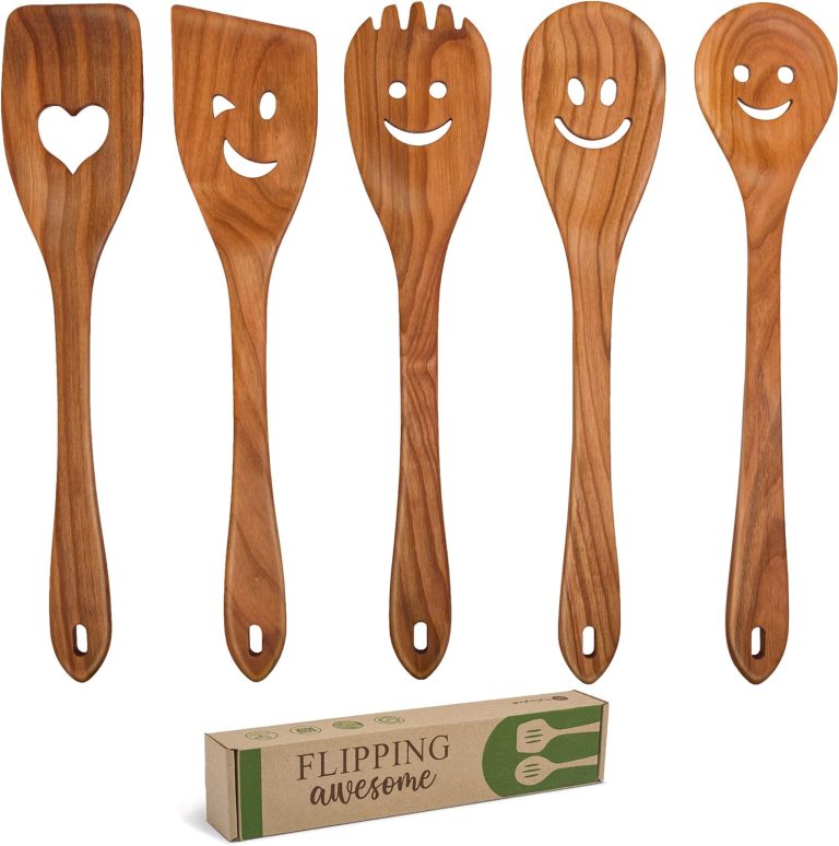 MFC 5-Piece Wooden Cooking Spoons – Kitchen Spatula Set from Natural Cherry Wood – Wooden Spoons for Cooking – Funny Wooden Utensil Set with Smiley Faces – Cooking Multipurpose Wooden Utensils