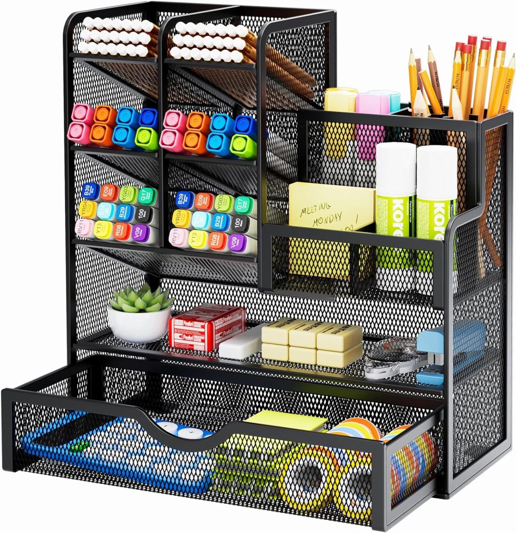 Marbrasse Mesh Pen Holder for Desk, Desk Organizer with Drawer, Multi-Functional Pencil Organizer, Desk Organizers and Accessories for Office Art Supplies (Black) Marbrasse Mesh Pen Holder for Desk, Desk Organizer with Drawer, Multi-Functional Pencil Organizer, Desk Organizers and Accessories for Office Art Supplies (Black)