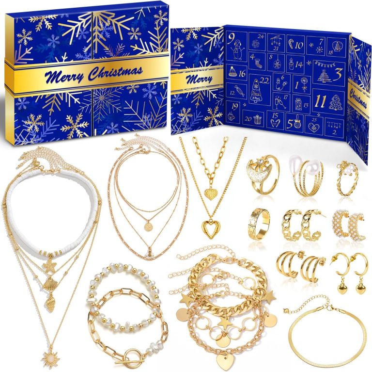 MOVINPE Golden Jewelry Advent Calendar for Women Teenage Girls, 2024 Christmas Gifts Fashion Bracelets, Necklaces, Rings, Earrings – 24 Days of Holiday Countdown, Surprise Gift for Girlfriend, Wife, Daughter, Mom
