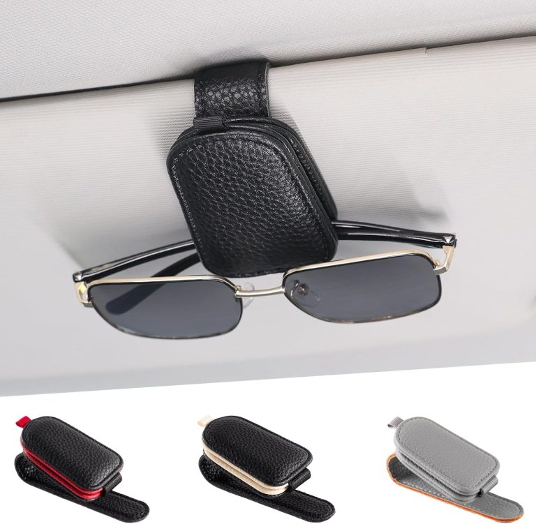 SINGARO Sunglasses Holder for Car, Leather Magnetic Buckle Sun Visor Sunglass Clip, Ticket Card Storage Glasses Clip, Car Interior Accessories for Men and Women（Black）