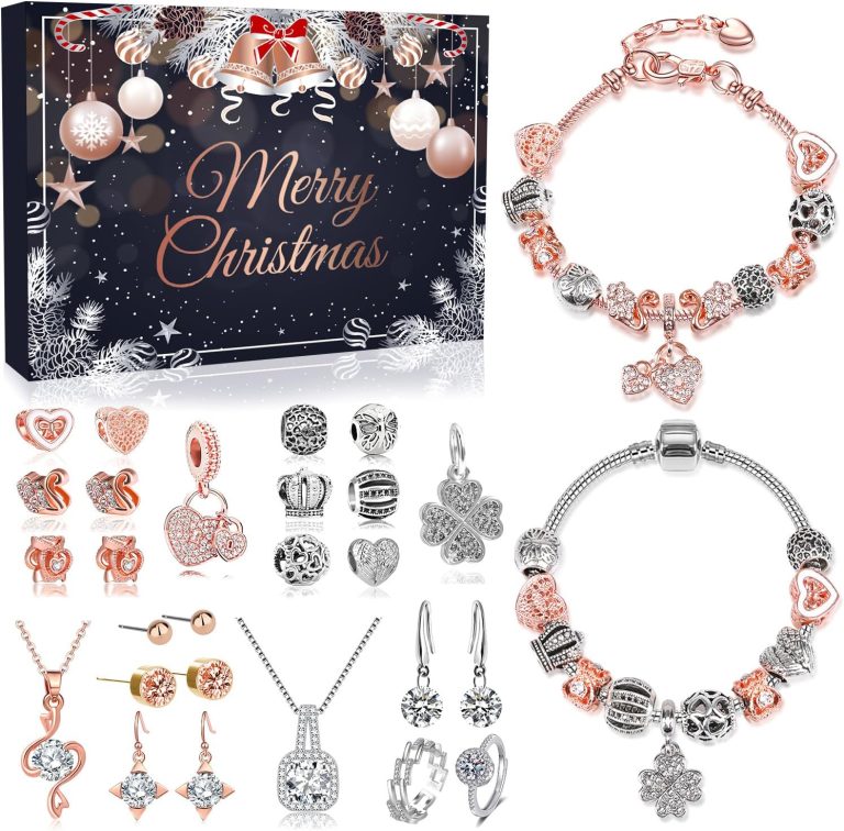 MOVINPE Advent Calendar Charm Bracelet 2024 for Teenage Girls Women, 24 Days Jewelry Necklace Bracelets Making Kit – Christmas Countdown Gifts for Teen Girl Daughter, Girlfriend, Wife, Mom (Rose Gold)