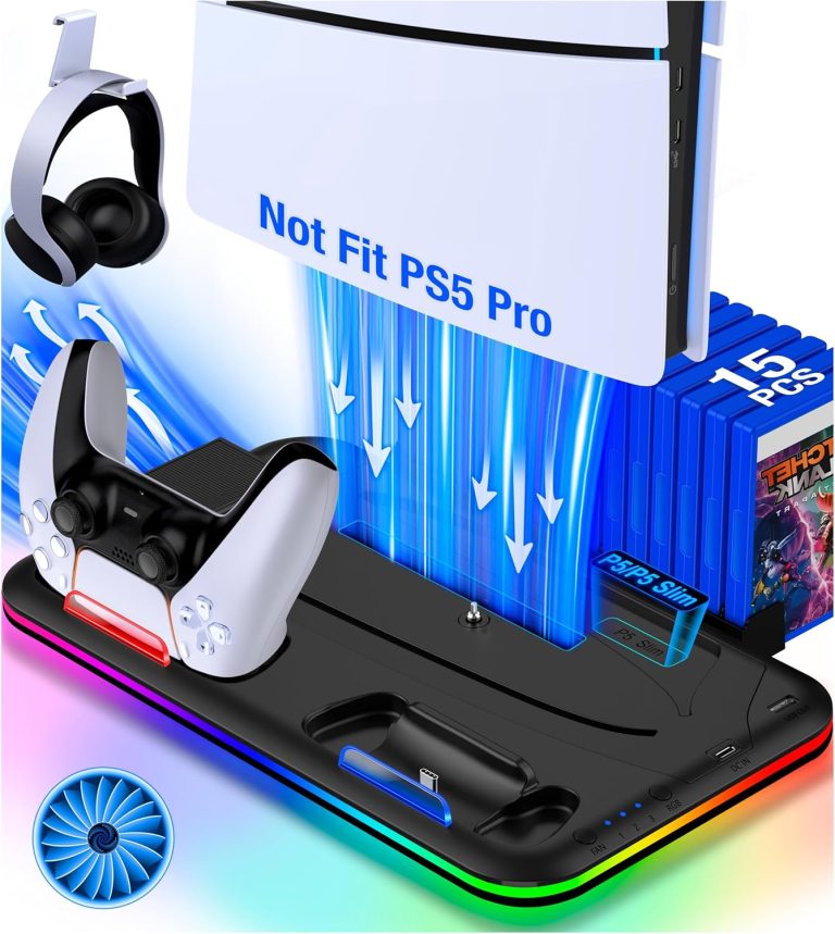 PS5 Stand, PS5 Slim Stand with Cooling Station and Controller Charging Station for PS5 Slim Console Disc/Digital, PS5 Accessories Cooling Fan, RGB LED, Headset Holder Sony PSP Batteries& Chargers