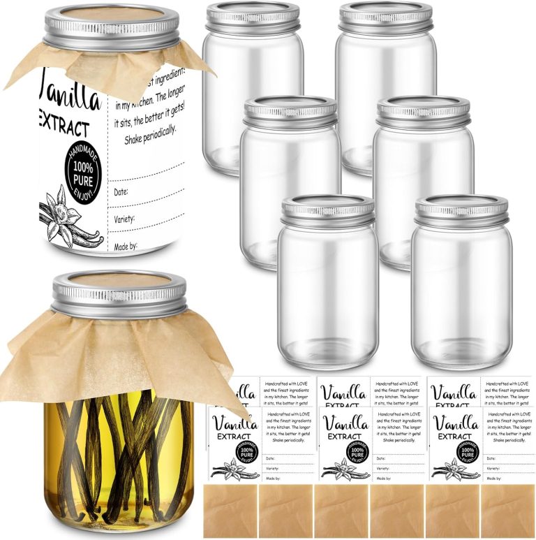 6 Pack 16 oz Airtight Glass Mason Jars for Homemade Vanilla Extract Jars with 6 Lids 6 Sealing Oil Paper and 6 Label Stickers for Syrup Gift Food Storage Canister Tea Canning Pickling Supply