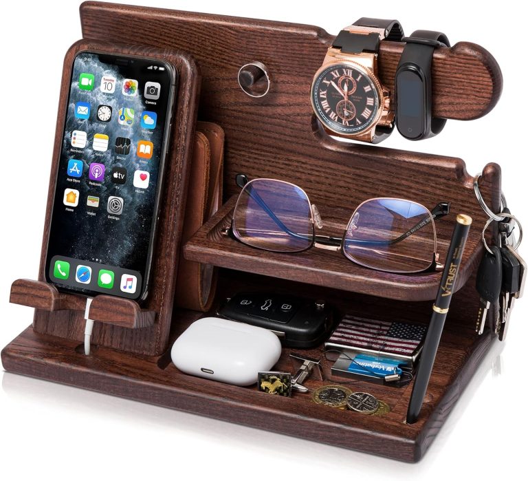 TESLYAR Wood Phone Docking Station for Men – Desk Accessories & Workspace Organizer – Nightstand Organizer – Birthday Gifts for Men or Dad – Idea for Anniversary – Key Holder – Stand Watch (Brown)