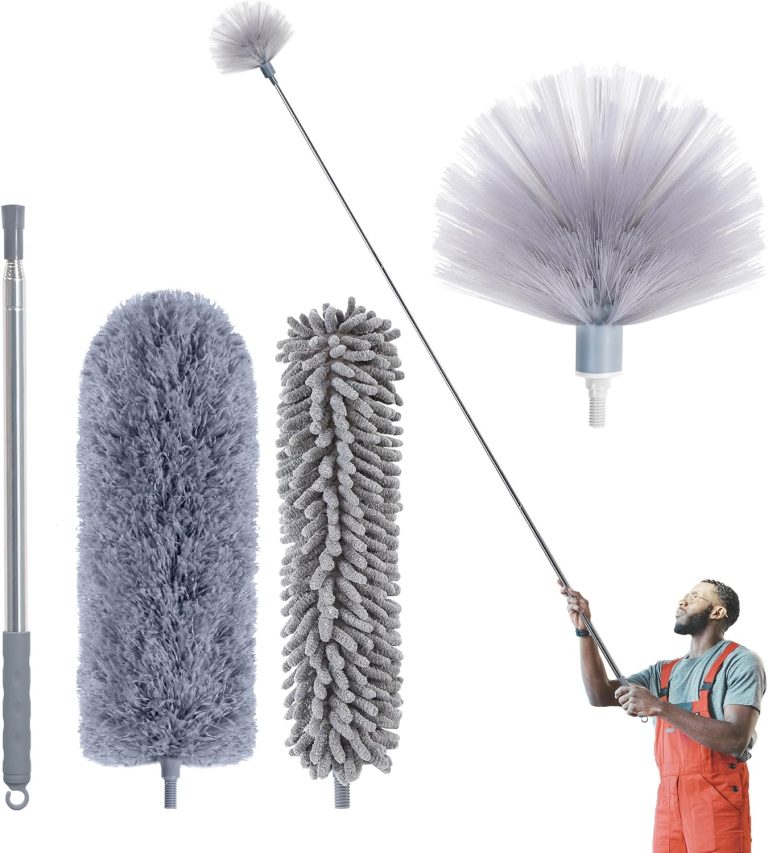 Cobweb Duster with Extension Pole, 100” Ceiling Duster Kit with Microfiber Feather Duster & Chenille Duster, Reusable Duster, Bendable, Washable