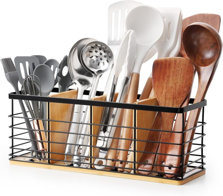 Kitchen Utensil Holder, Large Cooking Utensils Holder for Countertop Cooking Tools Storage Organizer Set 4 Compartments Large Utensil Caddy for Kitchen