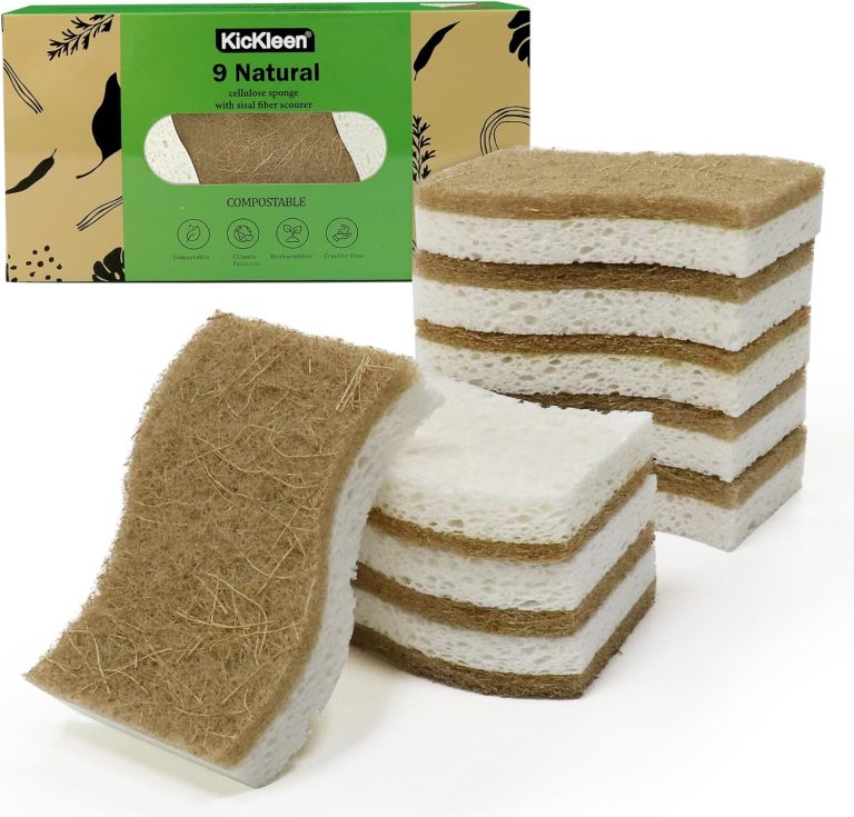 9 Pack Biodegradable Natural Kitchen Sponge – Compostable Cellulose and Coconut Walnut Scrubber Sponge – Eco Friendly Sustainable Sponges for Dishes