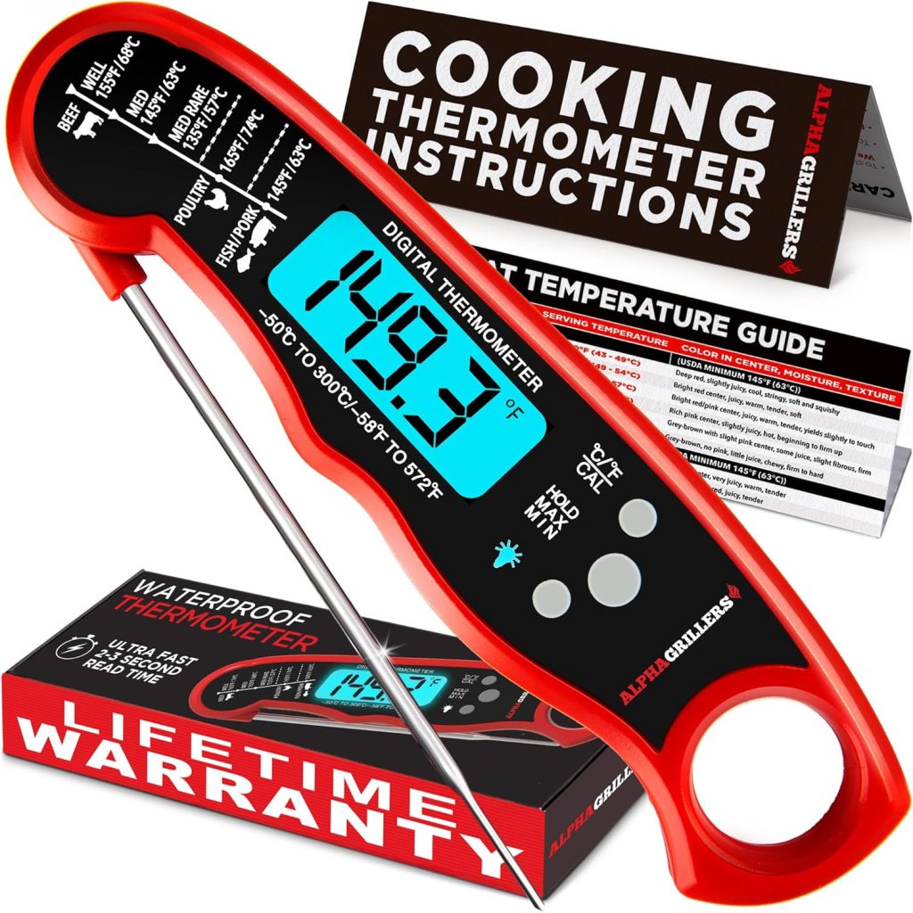 Alpha Grillers Instant Read Meat Thermometer for Cooking Grill and BBQ Griddle – Waterproof w/Backlight & Calibration for Food, Oven, Air Fryer Accessories, Kitchen Essentials, Stocking Stuffer Gifts Alpha Grillers Instant Read Meat Thermometer for Cooking Grill and BBQ Griddle – Waterproof w/Backlight & Calibration for Food, Oven, Air Fryer Accessories, Kitchen Essentials, Stocking Stuffer Gifts