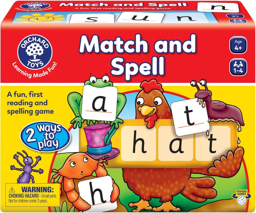 ORCHARD TOYS Moose Games Match and Spell Game. A Fun, First Reading and Spelling Game. 2 Ways to Play. Age 4+. 1-4 Players