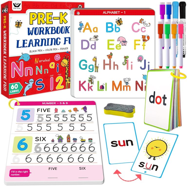 ElitePanda Preschool Learning Activities 60 Dry Erase Cards, Number Letter Tracing Book CVC Word, Pre Kindergarten Workbook Montessori Educational Alphabet Learning Toys for Kids 3 4 5 6 Years Old