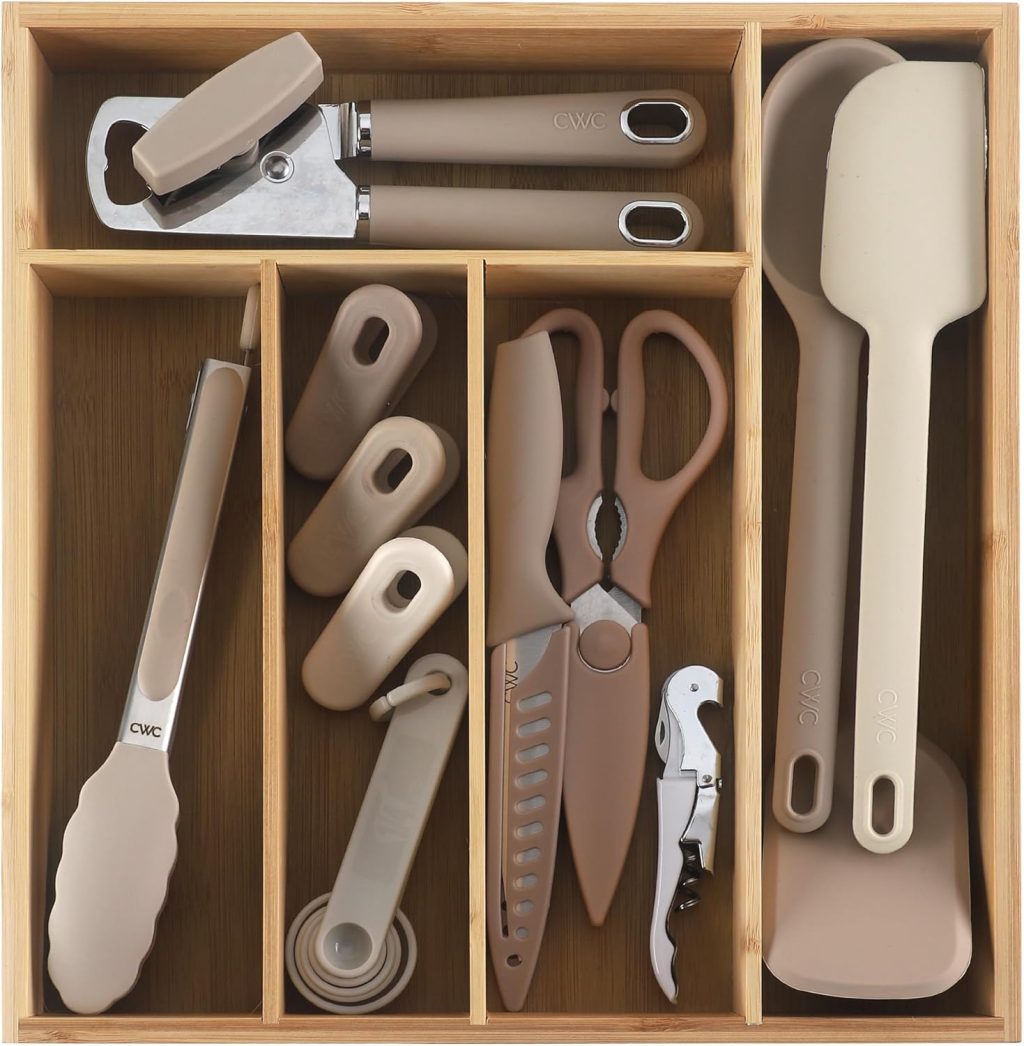 COOK WITH COLOR Bamboo Kitchen Utensil Set with Drawer Organizer | Cooking Tools and Storage Caddy, Brown, 18 Piece Gadget Set COOK WITH COLOR Bamboo Kitchen Utensil Set with Drawer Organizer | Cooking Tools and Storage Caddy, Brown, 18 Piece Gadget Set