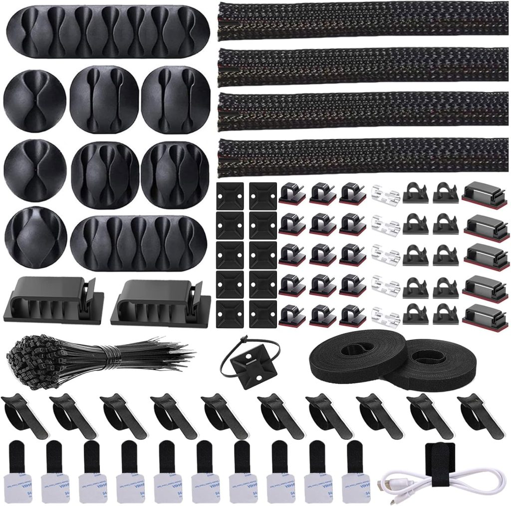 N NOROCME Cord Management Organizer Kit 4 Cable Sleeve Split with 41Self Adhesive Clips Holder, 10pcs and 2 Roll Self tie 100 Fastening Ties for TV Office Car Desk Home Black N NOROCME Cord Management Organizer Kit 4 Cable Sleeve Split with 41Self Adhesive Clips Holder, 10pcs and 2 Roll Self tie 100 Fastening Ties for TV Office Car Desk Home Black
