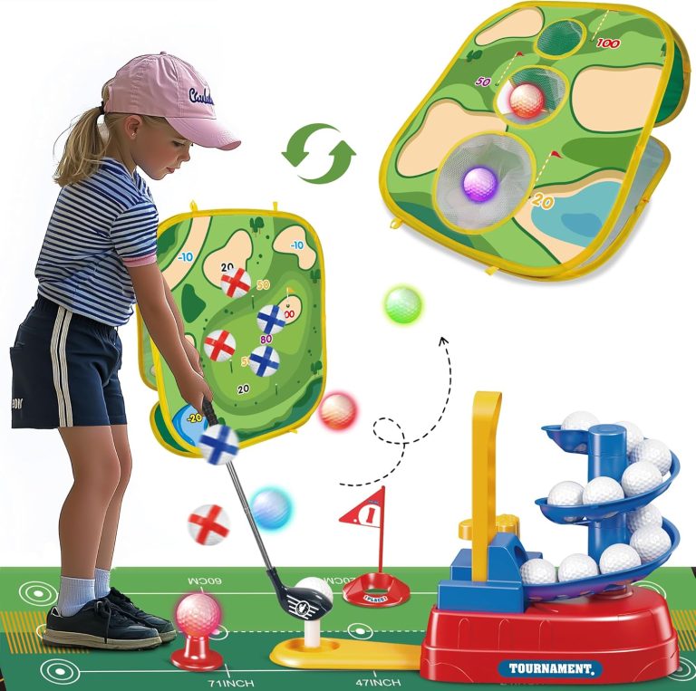Toddler Golf Set, Golf Toys Kids Training Set, Kids Golf Club Set, Toddler Minigolf, Toddler Sports Toys with 20pcs Training Golf Light Balls & 3 Retractable Clubs Equipment, Indoor Outdoor Sport Toy