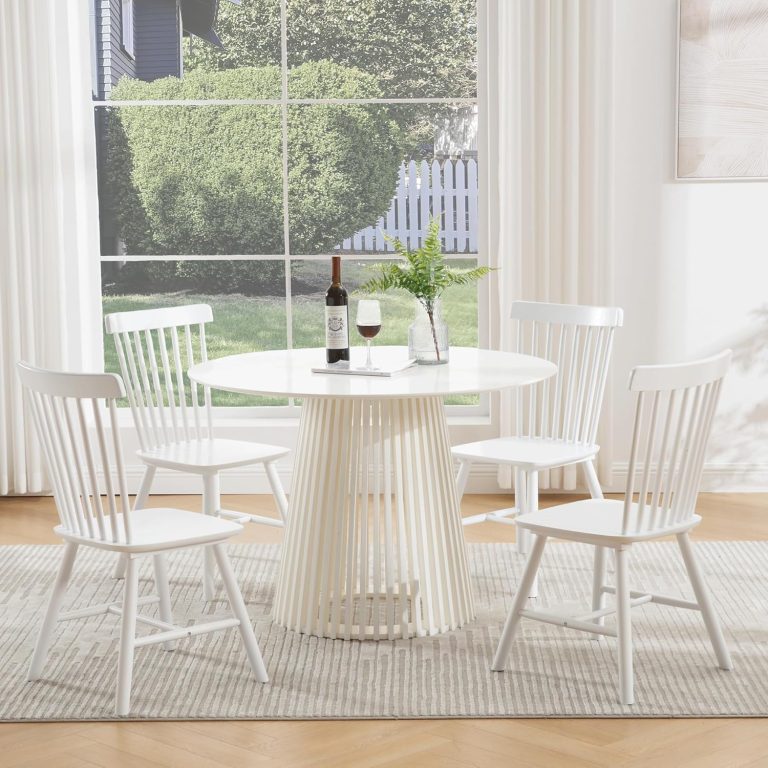 White Dining Chairs Set of 4, Windsor Dining Chair, Spindle Back Farmhouse Kitchen Chairs Armless Solid Wood Side Chairs for Dining Room/Home/Patio/Restaurant