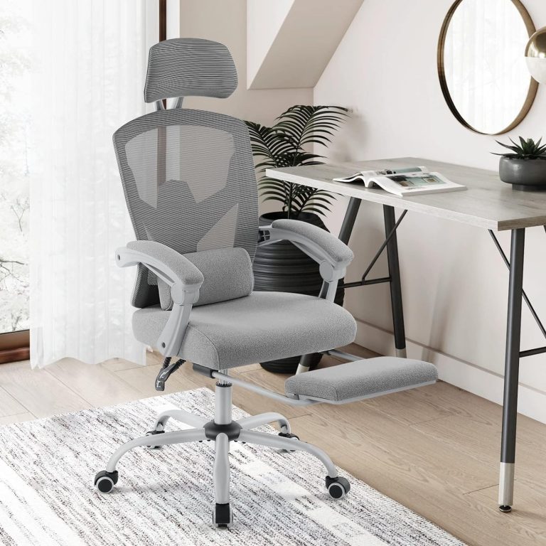 Mesh Office Chair with Footrest, Ergonomic Computer Desk Chair with Headrest, Gaming Chair Adjustable Height Back for Adults, Grey