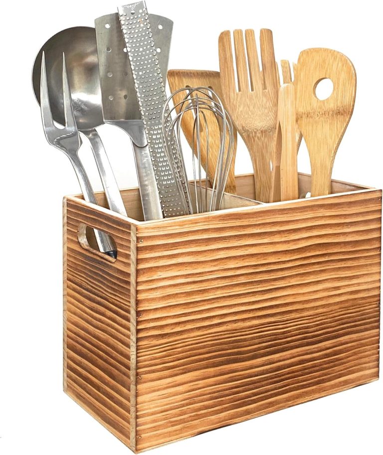 CB Accessories Utensil Holder in Rustic Wood for Kitchen Countertop Organizer and Cooking Tools Storage (Double Compartment)