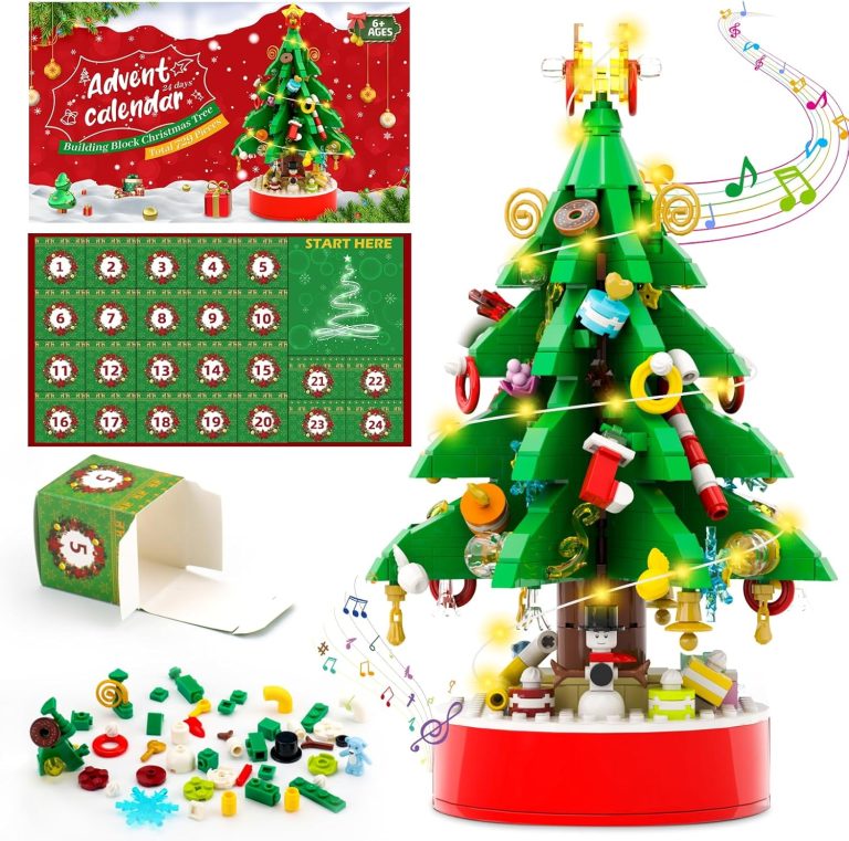 Advent Calendar 2024 Christmas Tree Building Toys with LED light-24 Day Countdown Calendar Building Blocks with Rotating Musical Tree-729 Pieces,Christmas Gift for Adult Teens Girls Ages 6+
