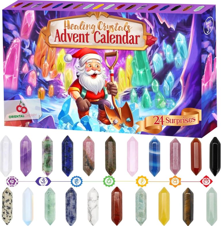 Advent Calendar 2024-24 Days of Crystals and Healing Stones Kit with Crystal Necklace Holder, Magnifier, and Storage Bag – Christmas Countdown Gifts for Girls Boys Kids Adults and Teenagers