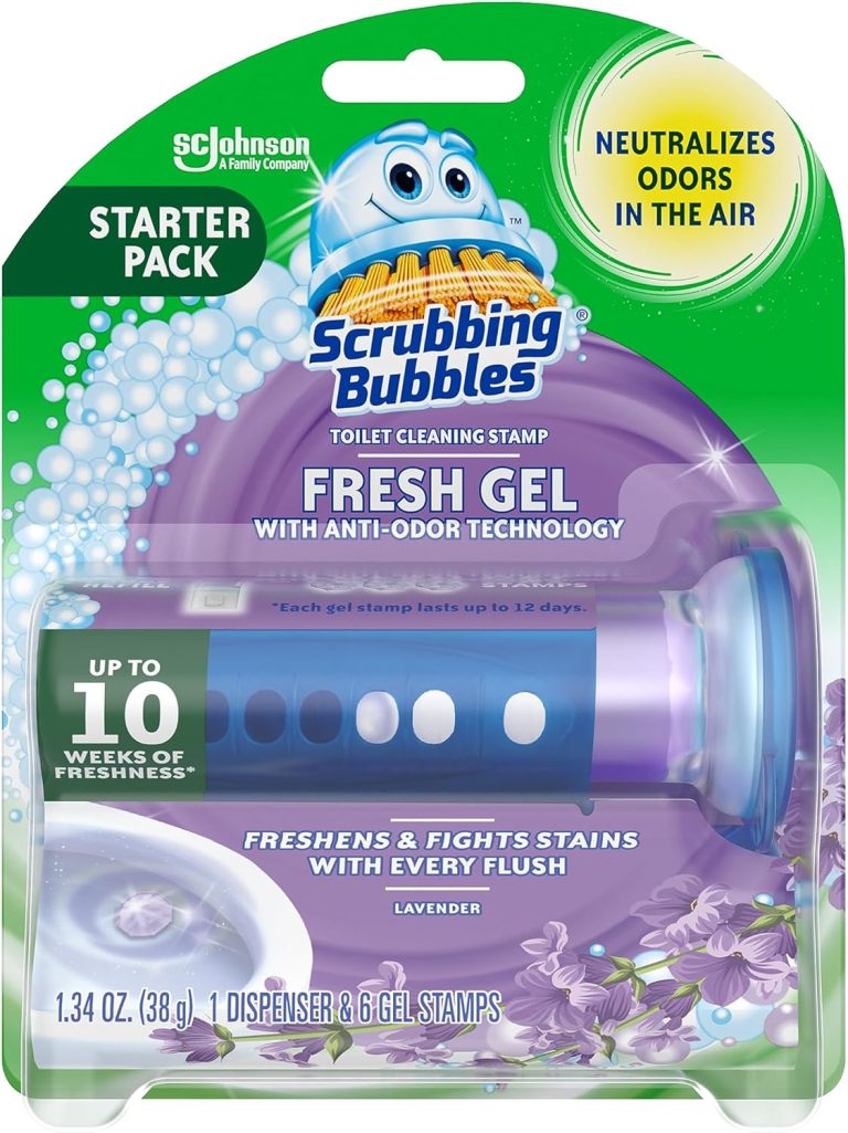 Scrubbing Bubbles Toilet Gel Stamps, Fresh Gel Toilet Cleaning Stamps, Helps Keep Toilet Clean and Helps Prevent Limescale & Toilet Rings, Lavender Scent, 1 Dispenser with 6 Stamps