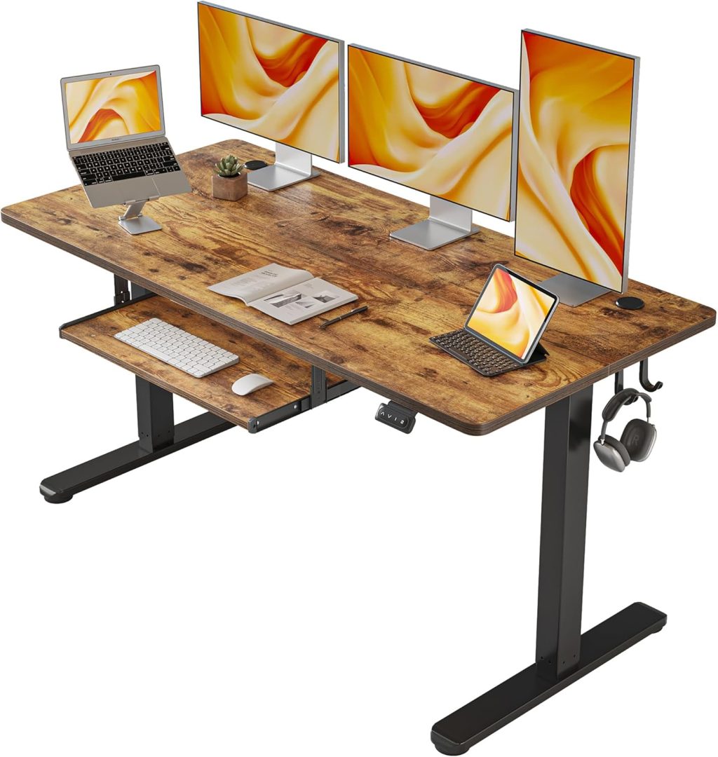 FEZIBO Standing Desk with Keyboard Tray, 63 × 24 Inches Electric Height Adjustable Desk, Sit Stand Up Desk, Computer Office Desk, Rustic Brown FEZIBO Standing Desk with Keyboard Tray, 63 × 24 Inches Electric Height Adjustable Desk, Sit Stand Up Desk, Computer Office Desk, Rustic Brown