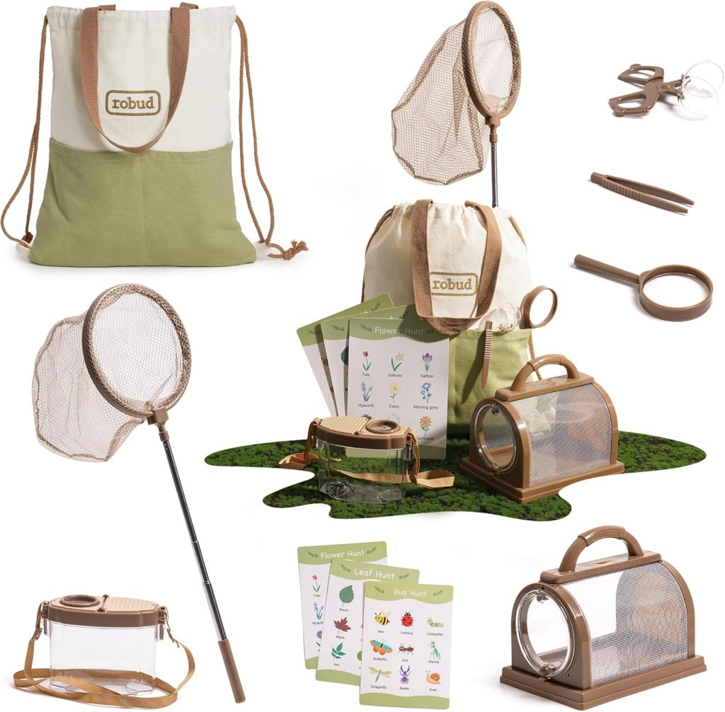 ROBUD Kids Explorer Kit & Bug Catcher Kit, Educational Kids Camping Gear, Outdoor Adventure Set with Butterfly Net and Bugs Book, Outside Toys for Boys Girls 3-12 Years Old