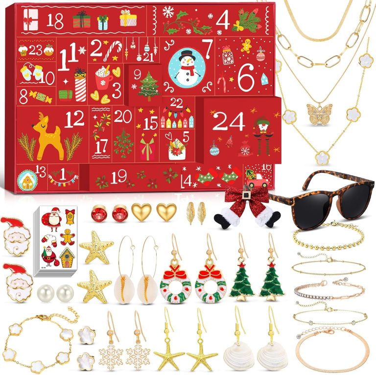 Christmas Jewelry Advent Calendar 2024 for Women, 24 Individually Boxed Xmas Countdown Holiday Gifts Set for Adult Girls, Fashion Golden Bracelet Necklace Earring Sunglasses Tattooing