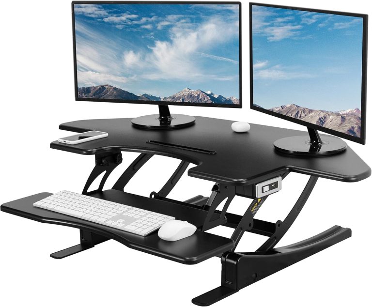 VIVO 43 inch Corner Electric Height Adjustable Cubicle Stand Up Desk Converter, VE Series, Sit to Stand Tabletop Dual Monitor Riser with USB Port, Black, DESK-V000VCE