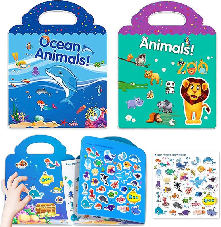 Reusable Sticker Books for Kids, 2 Sets Travel Removable Toddler Sticker Books for 3 4 5 Year Old Girls Boys Birthday Gifts Educational Learning Toys – Ocean & Zoo Animals