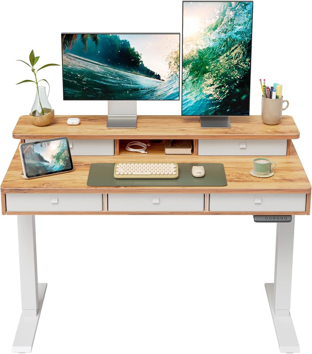 FEZIBO Height Adjustable Electric Standing Desk with 5 Drawers, 48 x 24 Inch Table with Storage Shelf, Sit Stand Desk White Frame/Light Rustic Top, 48 inch FEZIBO Height Adjustable Electric Standing Desk with 5 Drawers, 48 x 24 Inch Table with Storage Shelf, Sit Stand Desk White Frame/Light Rustic Top, 48 inch