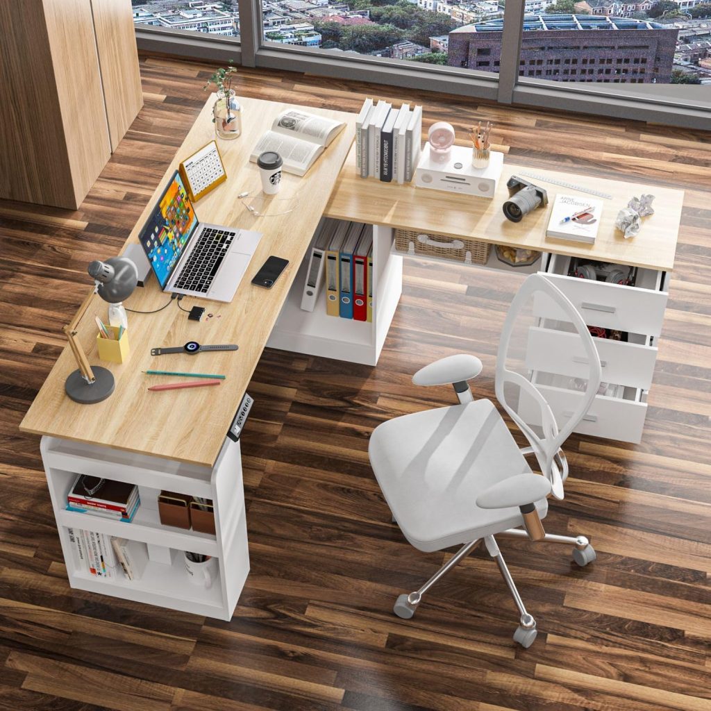 MOUMON L Shaped Standing Desk with Drawers and Shelves, Executive Desk Adjustable Height Desk, L-Shaped Design, 63 inch Tabletop, for Office Bedroom Oak and White (63”W x 63”D x 29.6-45.3”H) MOUMON L Shaped Standing Desk with Drawers and Shelves, Executive Desk Adjustable Height Desk, L-Shaped Design, 63 inch Tabletop, for Office Bedroom Oak and White (63”W x 63”D x 29.6-45.3”H)