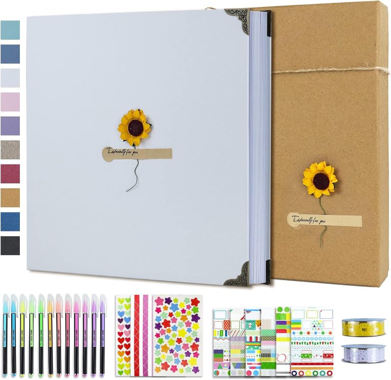 Vienrose DIY Scrapbook Photo Album Kit with Pens Tapes and Stickers 60 Pages Hardcover 12×12 Inches 3 Rings Removable Black Paper Scrapbooking for Lover Friends Kids Wedding White