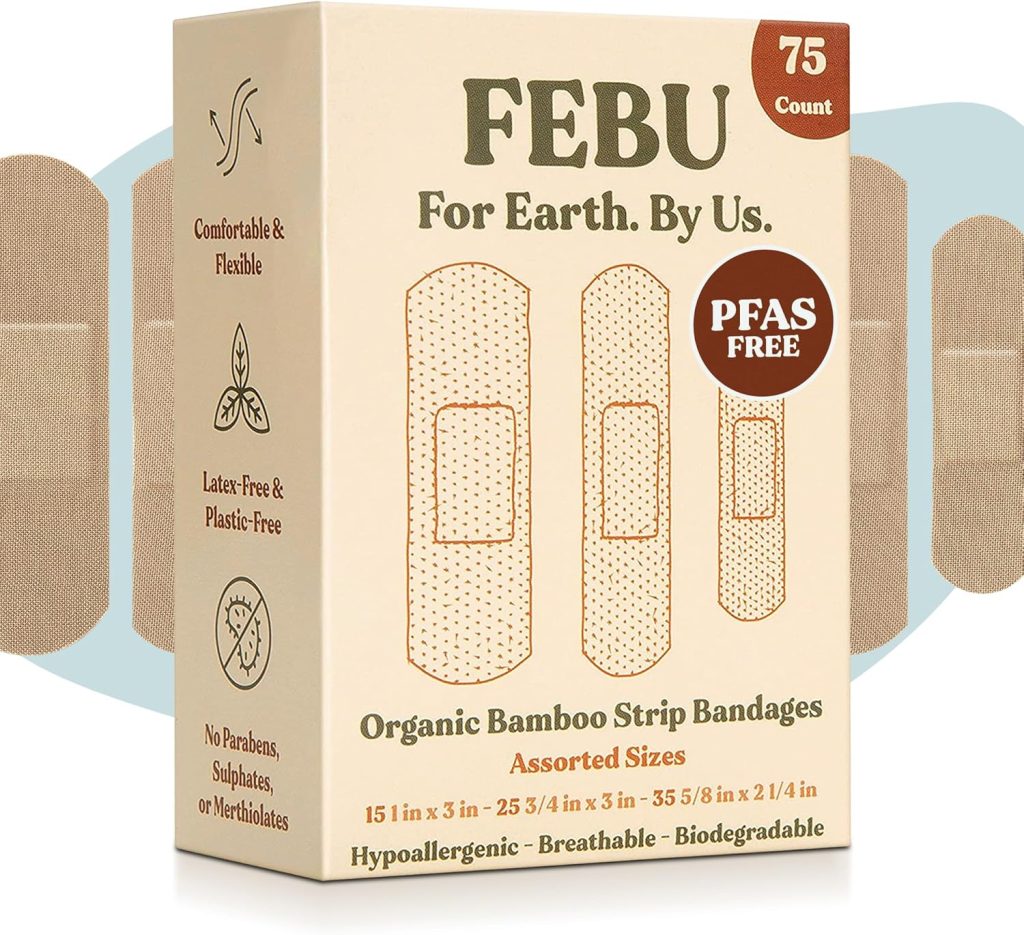 FEBU Eco-Friendly Organic Bamboo Fabric Bandages | PFAS Free Flexible Fabric Bandages | Latex Free Bandages | Natural Hypoallergenic Bandages for Scrapes, Cuts & First Aid | 75 Count Pack FEBU Eco-Friendly Organic Bamboo Fabric Bandages | PFAS Free Flexible Fabric Bandages | Latex Free Bandages | Natural Hypoallergenic Bandages for Scrapes, Cuts & First Aid | 75 Count Pack