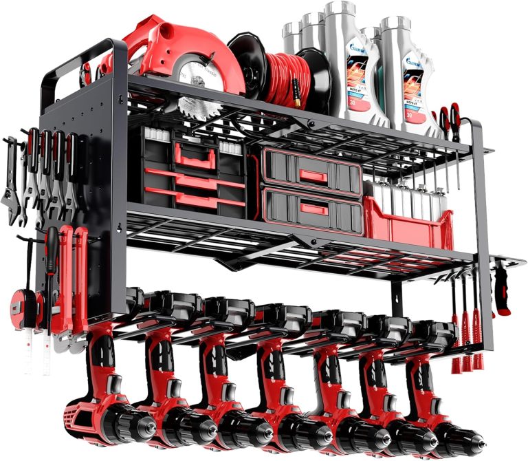 Power Tool Organizer Wall Mount With Pegboard – 7 Drill Holder – Garage Organization Storage Rack For Cordless Tool – Heavy Duty Metal Tool Shelf