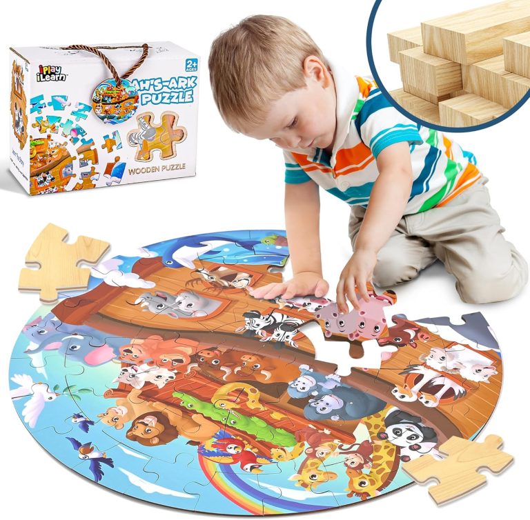 iPlay, iLearn Toddler Noah’s-Ark Wooden Animal Puzzle Toy, Kid Floor Puzzle for Age 3-5, 4-8, Large 51 Pieces Round Jigsaw Puzzle Educational Gift, Stocking Stuffers for 6 7 Year Old Boy Girl Children