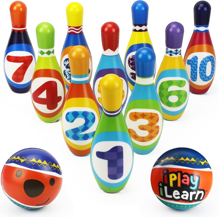 iPlay, iLearn Kids Bowling Toys Set, Toddler Indoor Outdoor Activity Play Game, Soft 10 Foam Pins Two Balls Set, Educational Birthday Party Stocking Stuffer Gift 18 24 Month 2 3 Year Children Boy Girl