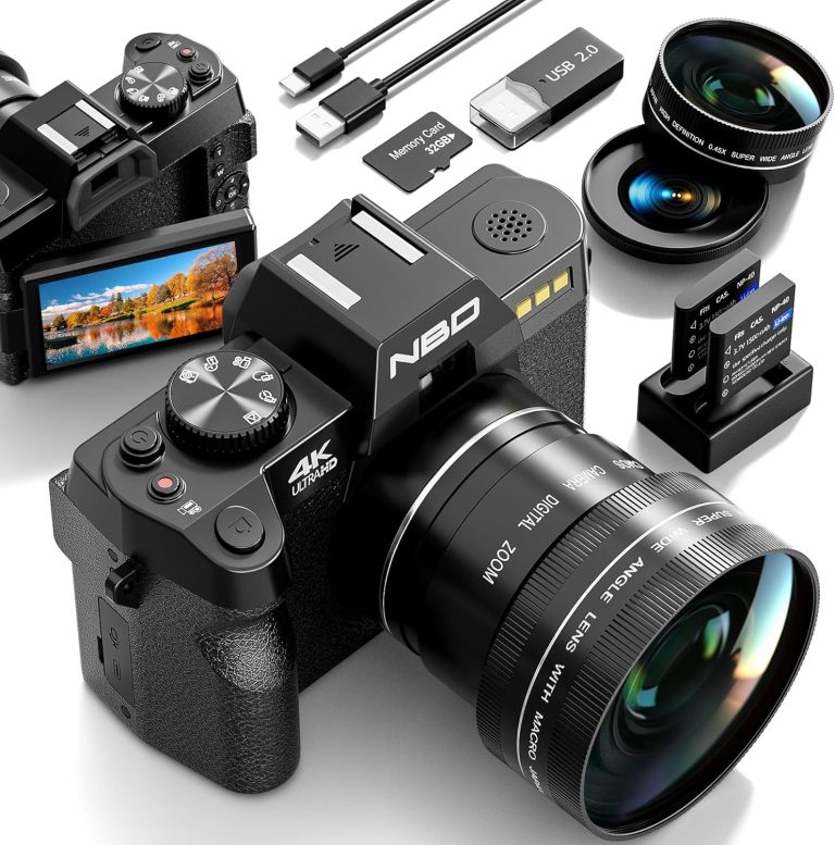 48MP Digital Cameras for Photography with WiFi & App Control,4K Autofocus Vlogging Camera for YouTube with 16X Zoom, Anti-Shake, 32GB TF Card, Dual Batteries, 52mm Wide Angle & Macro Lens
