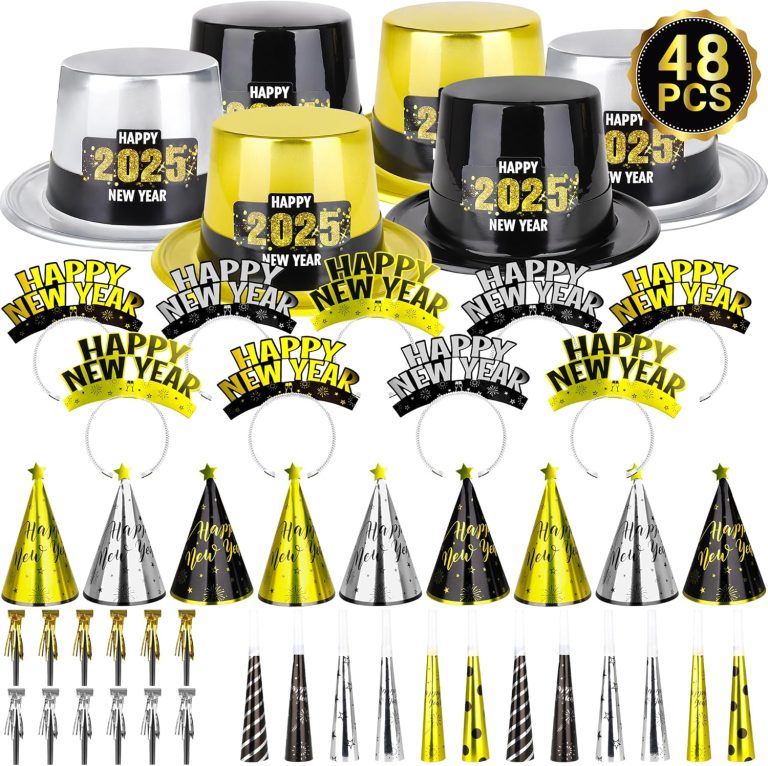 48PCS New Years Eve Party Supplies, New Years Hats for 24 Guests, Happy New Year Headband, Gold Black New Years Eve Party Favors Cone Hats Horns Blowouts New Years Accessories in Plastic Cardboard