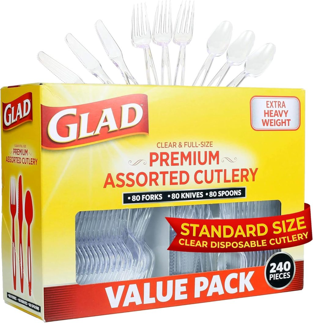 Glad Disposable Cutlery Set – Clear Heavy Duty Plastic Forks, Knives, and Spoons – 240 Piece Plasticware for Parties – Durable, Sturdy Recyclable Utensils – Great for July 4th, Thanksgiving, Christmas Glad Disposable Cutlery Set – Clear Heavy Duty Plastic Forks, Knives, and Spoons – 240 Piece Plasticware for Parties – Durable, Sturdy Recyclable Utensils – Great for July 4th, Thanksgiving, Christmas