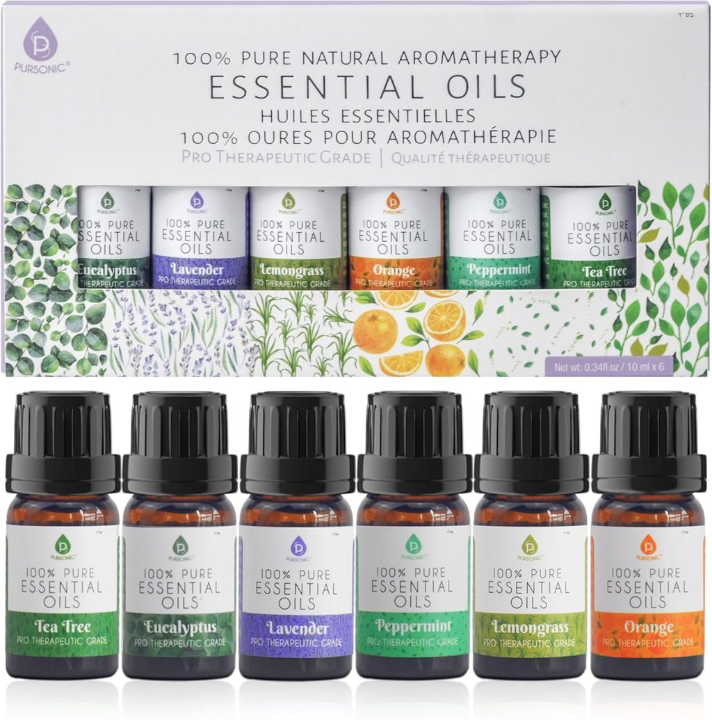 Pursonic Essential Oils Set – Top 6 Aromatherapy Blends Gift Set – 10ml 100% Pure Essential Oils for Diffusers, Home, Massage, & Bath (Eucalyptus,Lavender,Lemongrass,Orange,Peppermint,Tea Tree) Pursonic Essential Oils Set – Top 6 Aromatherapy Blends Gift Set – 10ml 100% Pure Essential Oils for Diffusers, Home, Massage, & Bath (Eucalyptus,Lavender,Lemongrass,Orange,Peppermint,Tea Tree)