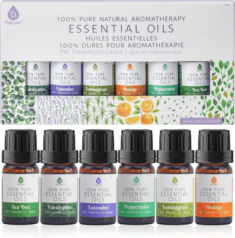 Pursonic Essential Oils Set – Top 6 Aromatherapy Blends Gift Set – 10ml 100% Pure Essential Oils for Diffusers, Home, Massage, & Bath (Eucalyptus,Lavender,Lemongrass,Orange,Peppermint,Tea Tree)