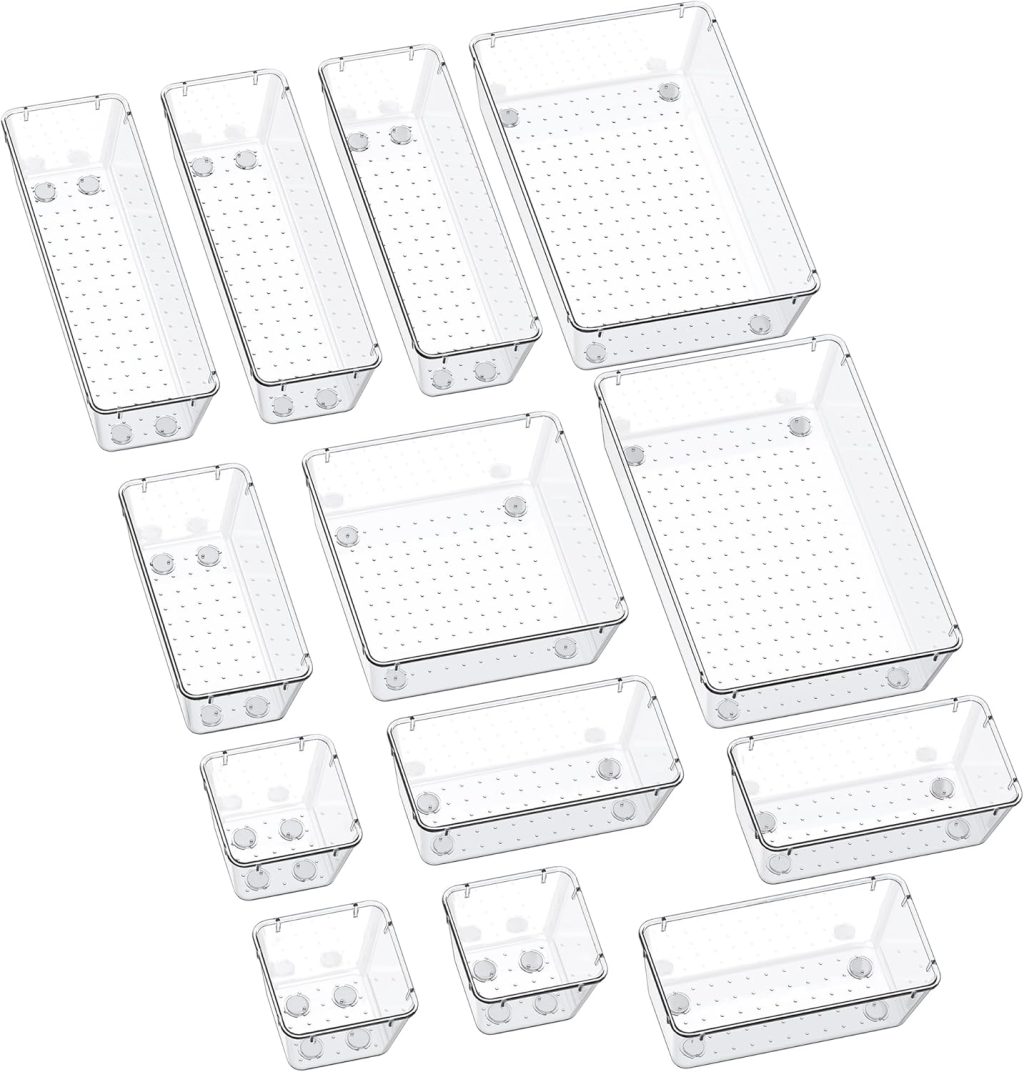 SMARTAKE 13-Piece Drawer Organizers with Non-Slip Silicone Pads, 5-Size Desk Drawer Organizer Trays Storage Tray for Makeup, Jewelries, Utensils in Bedroom Dresser, Office and Kitchen, Clear SMARTAKE 13-Piece Drawer Organizers with Non-Slip Silicone Pads, 5-Size Desk Drawer Organizer Trays Storage Tray for Makeup, Jewelries, Utensils in Bedroom Dresser, Office and Kitchen, Clear