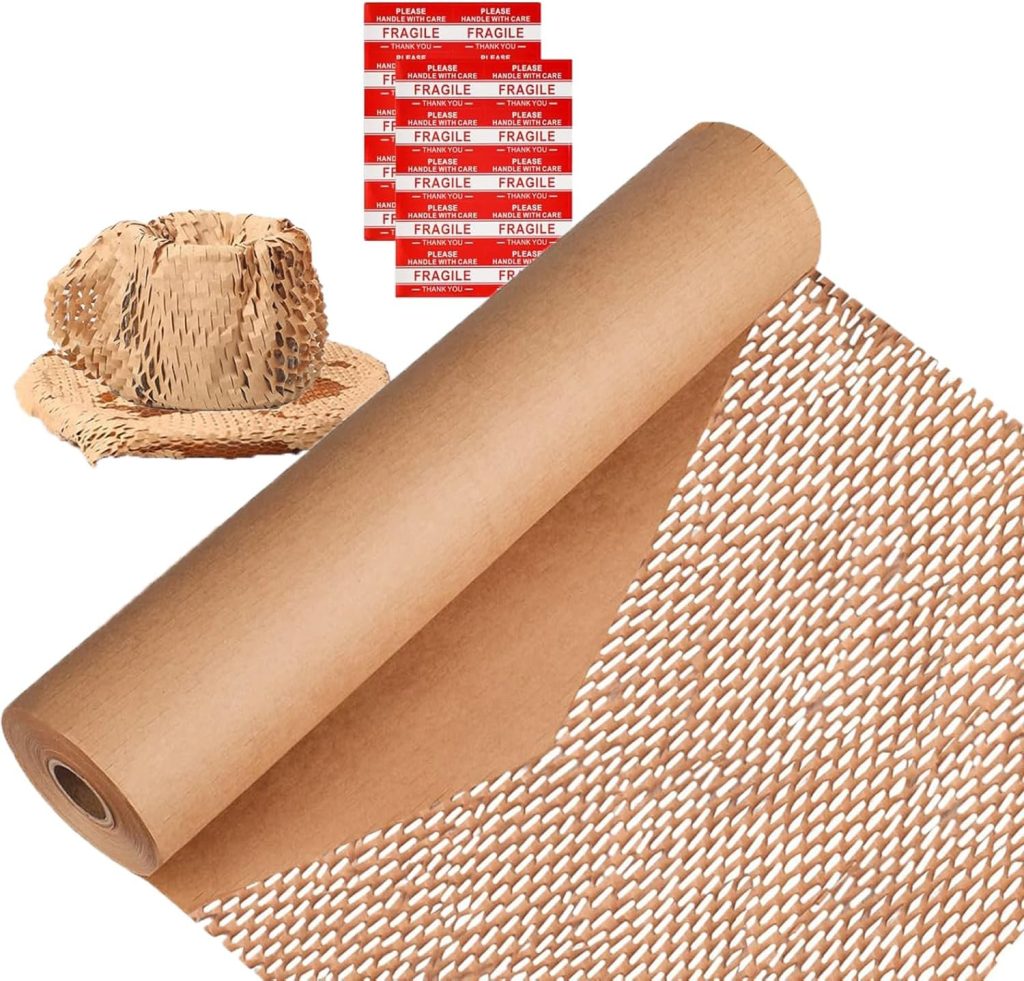 Honeycomb Packing Paper,12″ W x 100′ L Packing Paper for Moving,Products & Gifts Honeycomb Wrapping Paper,Recyclable and Biodegradable Cushioning Packing Material with 10 Fragile Sticker Labels Honeycomb Packing Paper,12″ W x 100′ L Packing Paper for Moving,Products & Gifts Honeycomb Wrapping Paper,Recyclable and Biodegradable Cushioning Packing Material with 10 Fragile Sticker Labels